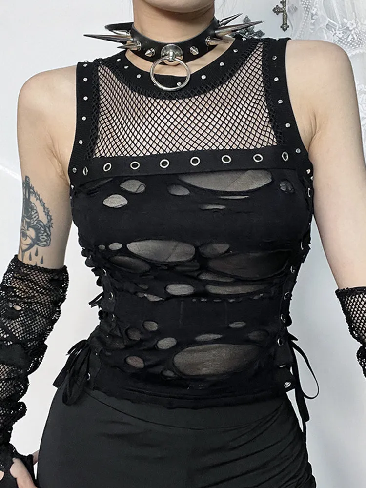 2024 Mall Gothic Sexy Hole See Through Lace-up Streetwear Cyber Punk Rave Crop Top