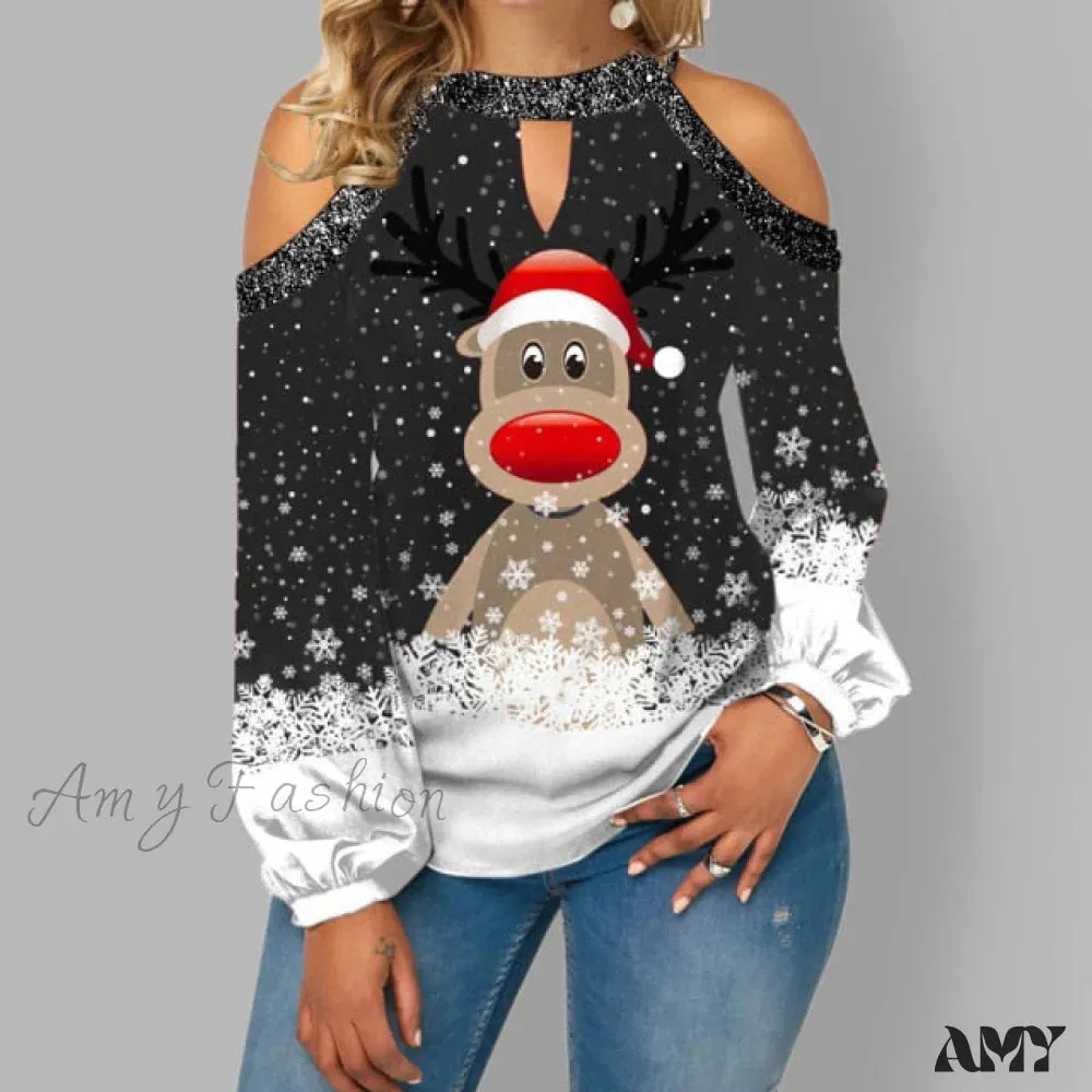 Amy Fashion - Christmas Casual Off Shoulder Printed Cute Top