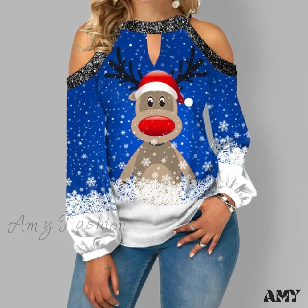 Amy Fashion - Christmas Casual Off Shoulder Printed Cute Top