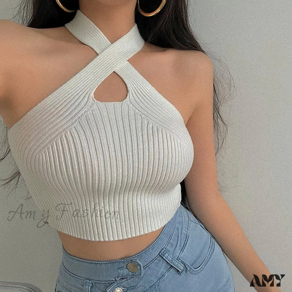 Amy Fashion - Knitted Off Shoulder Cross Strappy Sexy Tank Tops