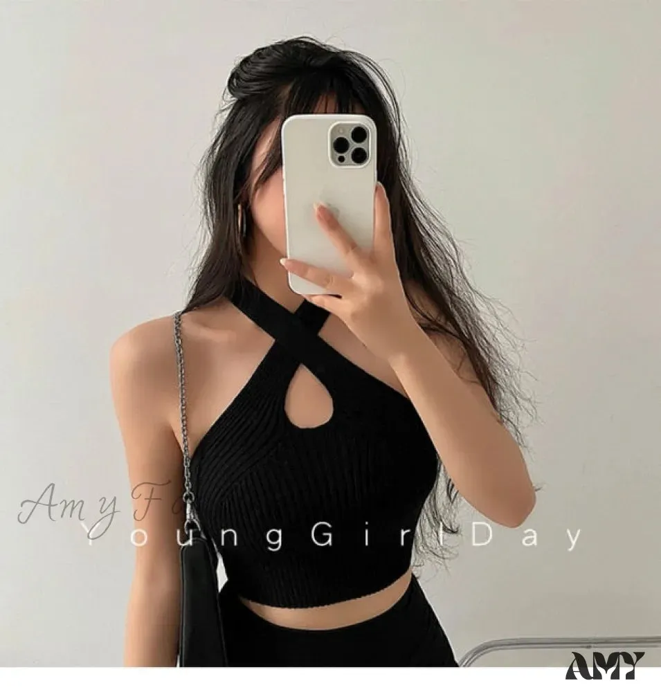 Amy Fashion - Knitted Off Shoulder Cross Strappy Sexy Tank Tops