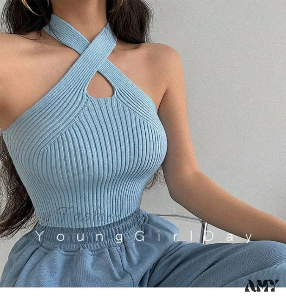 Amy Fashion - Knitted Off Shoulder Cross Strappy Sexy Tank Tops