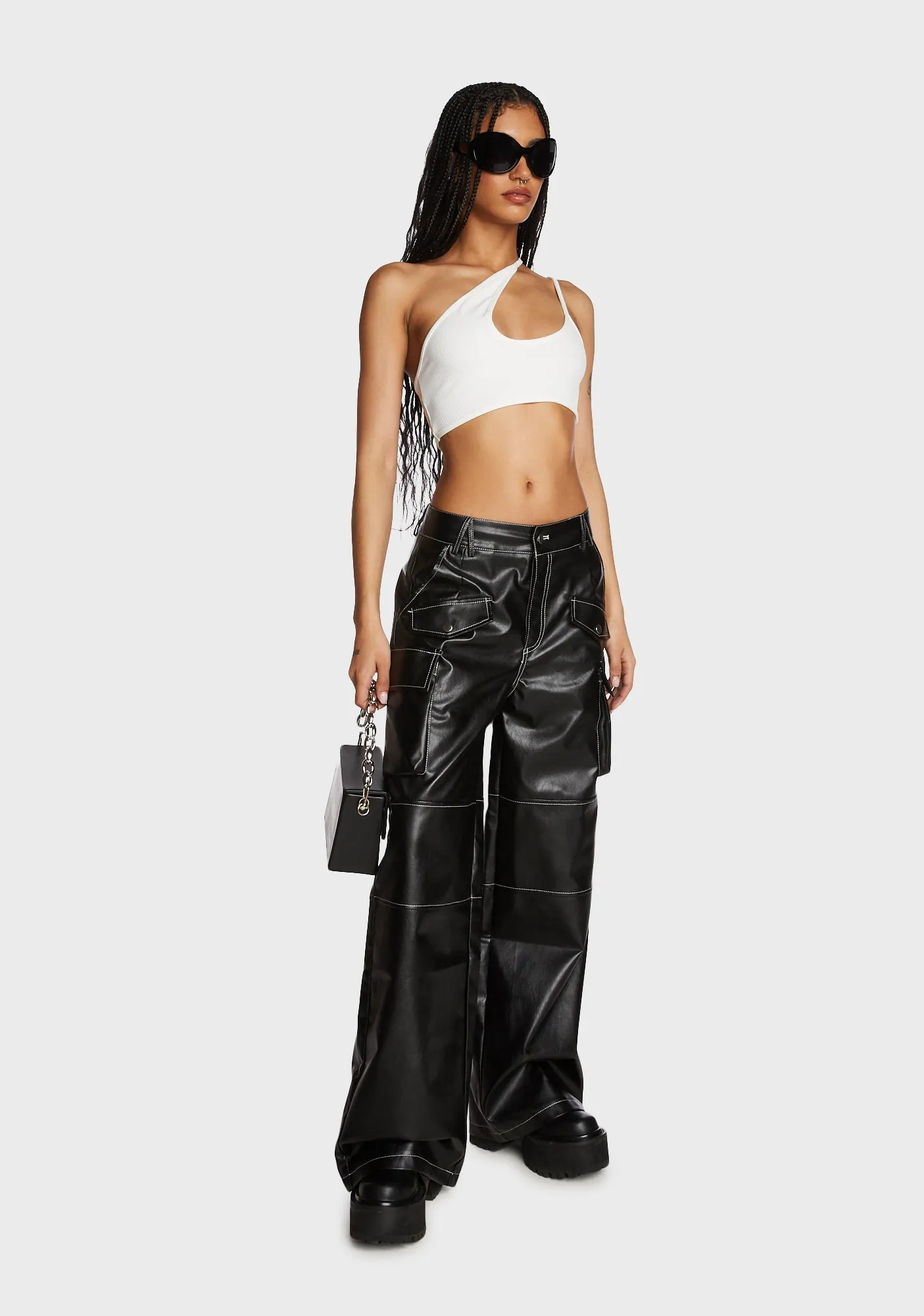 Asymmetrical Ribbed Cut Out Crop Top - White