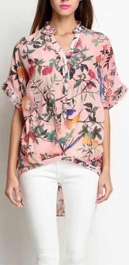 Asymmetrical Silk Floral-Print Blouse