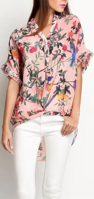 Asymmetrical Silk Floral-Print Blouse