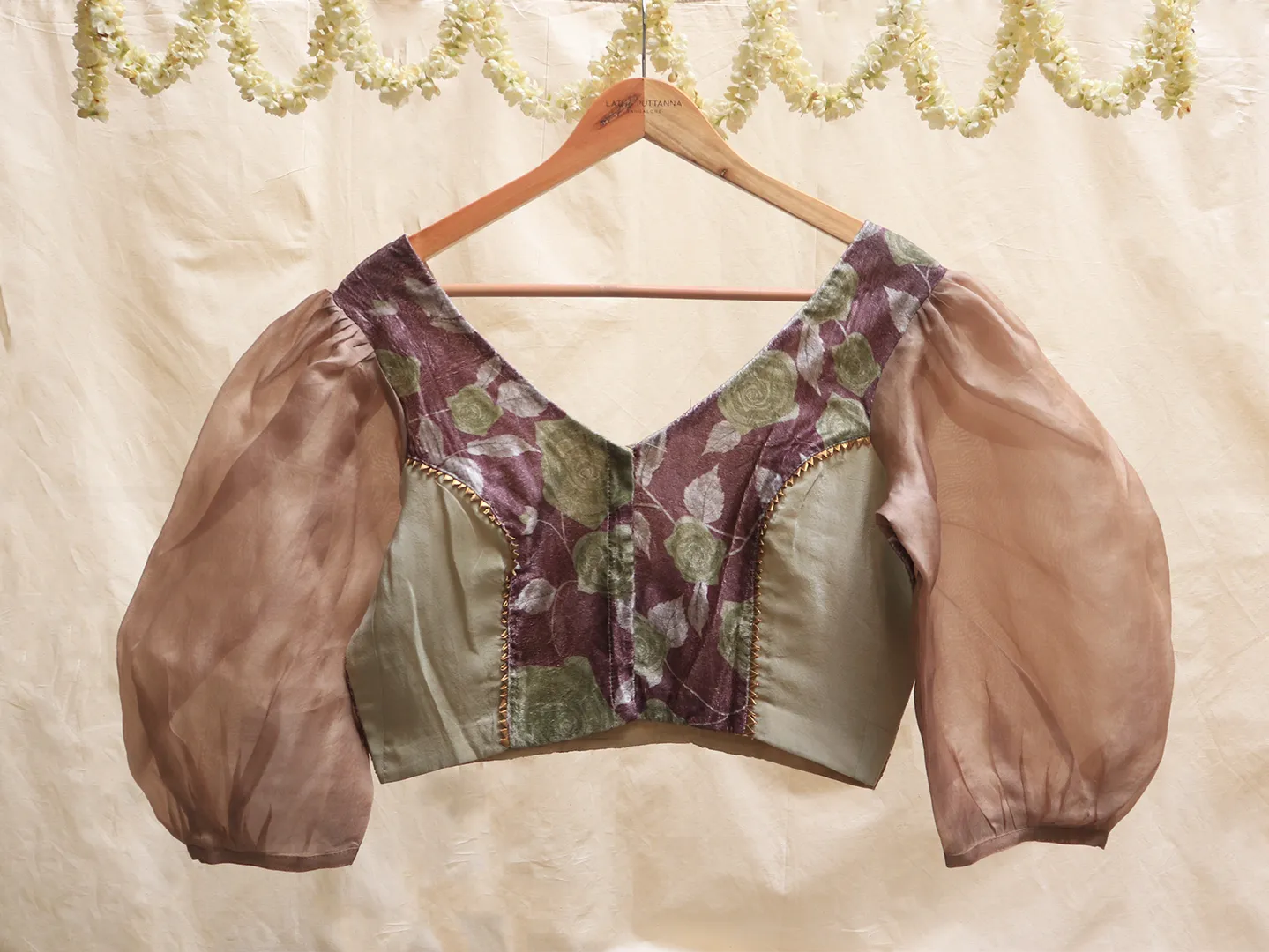 Beige green and grape purple velvet blouse