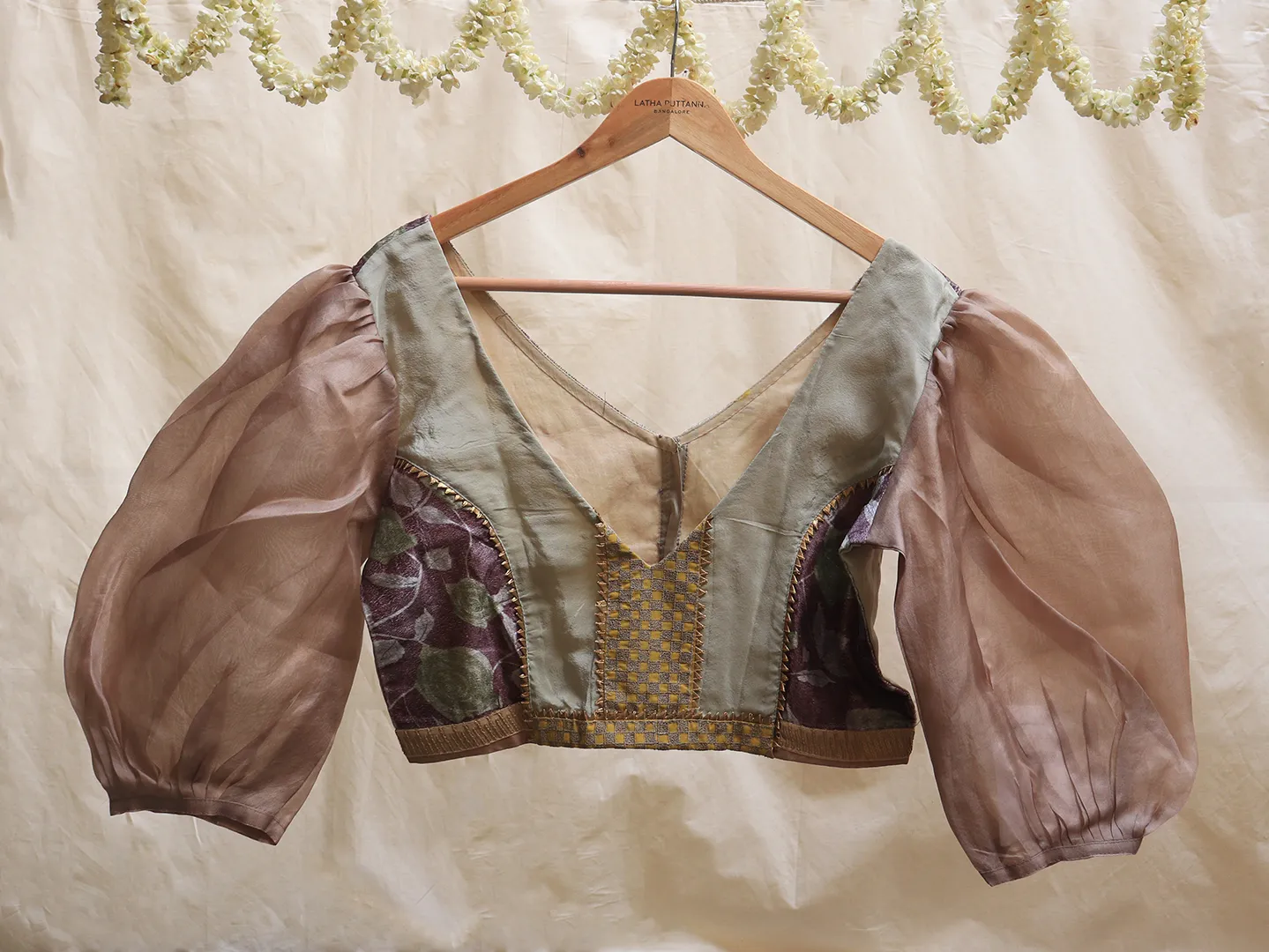 Beige green and grape purple velvet blouse