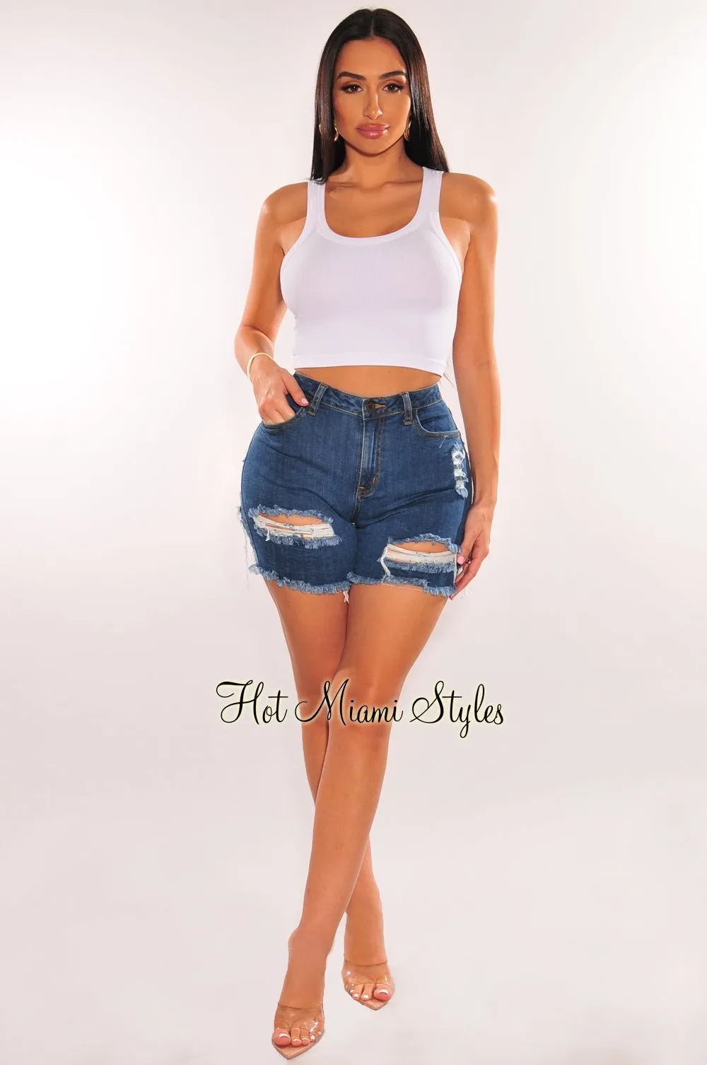 Blue Denim Destroyed Frayed Hem Biker Shorts