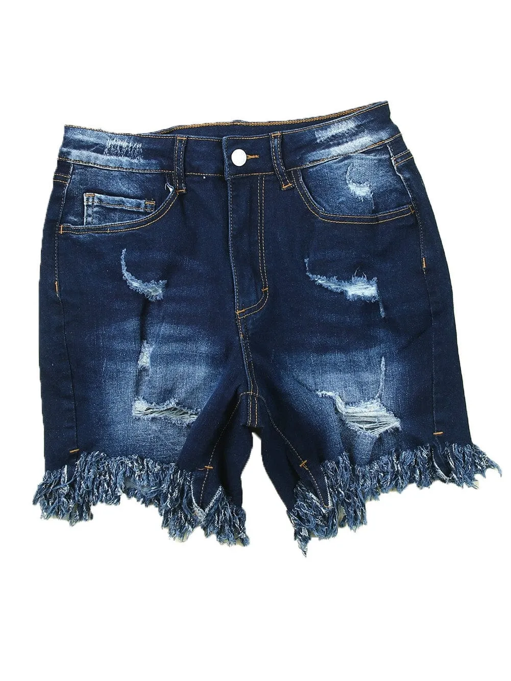 Blue Distressed High Waist Skinny Denim Shorts with Raw Hem