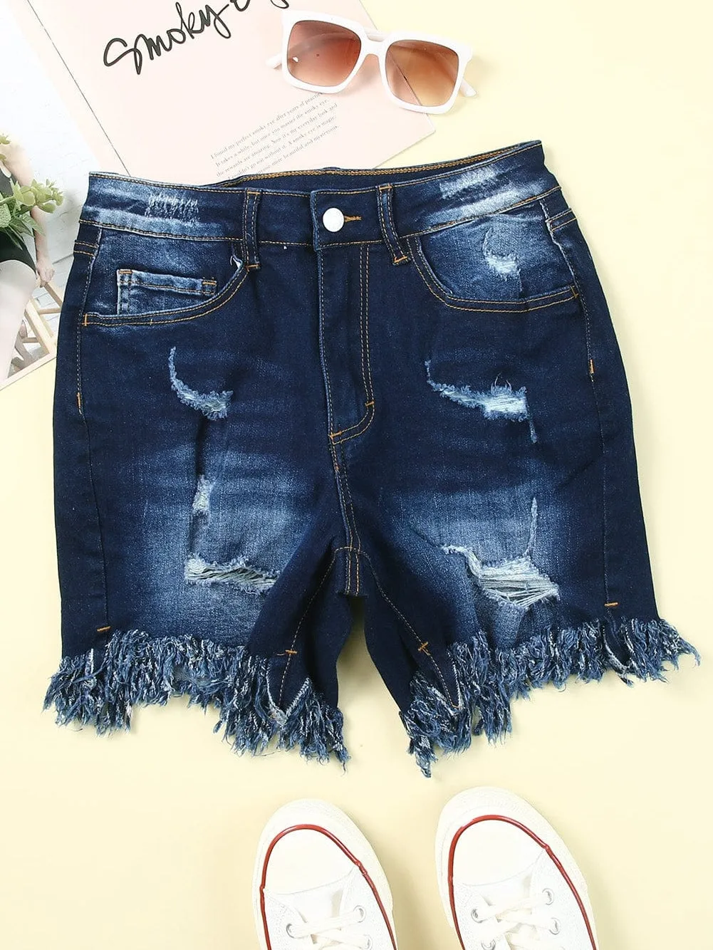 Blue Distressed High Waist Skinny Denim Shorts with Raw Hem