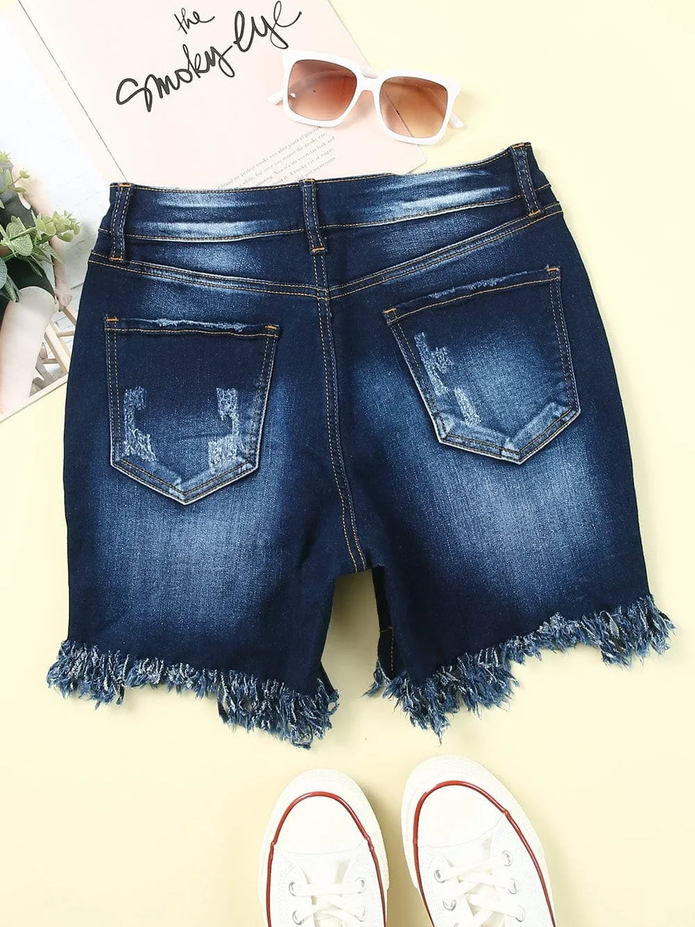 Blue Distressed High Waist Skinny Denim Shorts with Raw Hem