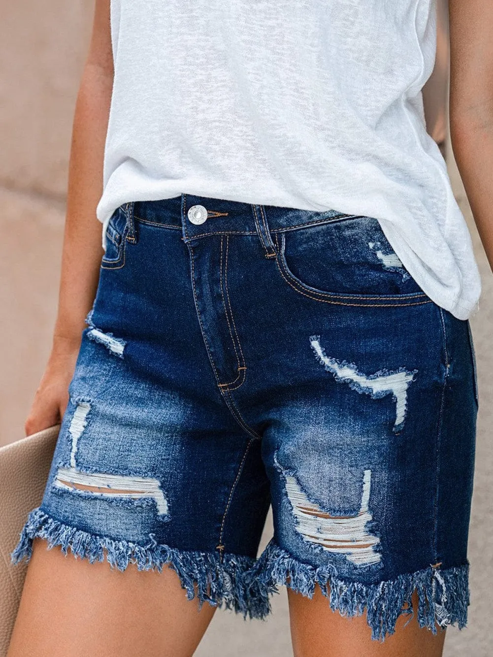 Blue Distressed High Waist Skinny Denim Shorts with Raw Hem