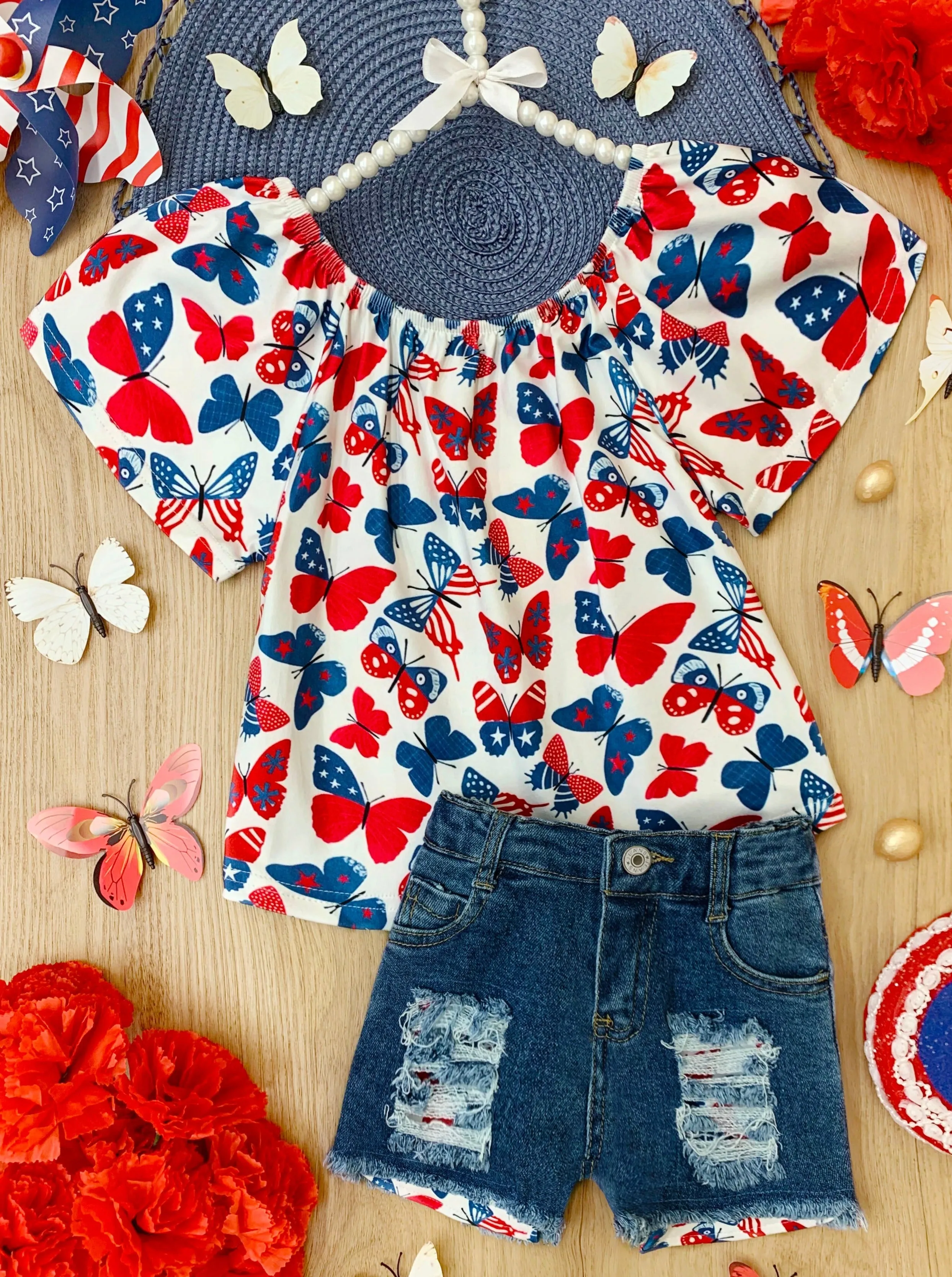 Brave Beautiful Butterfly Denim Shorts Set