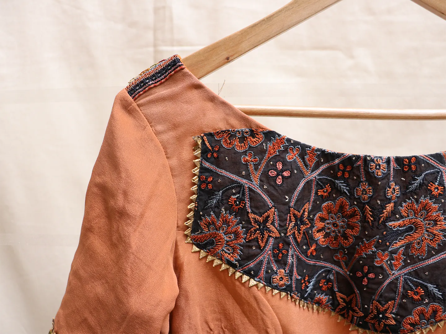 Caramel brown, crepe, Hand embroidery blouse