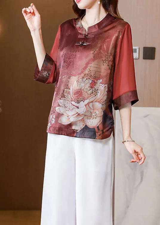 Casual Red Stand Collar Print Patchwork Silk Blouses Summer LY0431