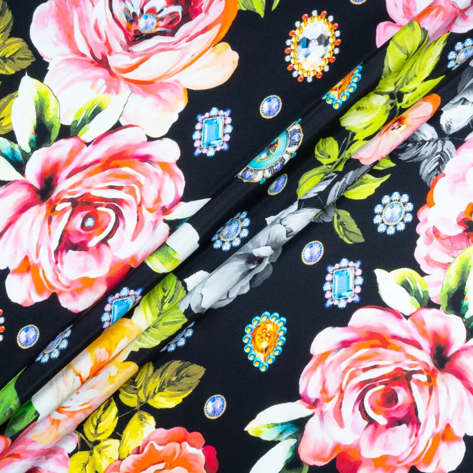 Floral & Jewel Printed Black Pure Silk Satin