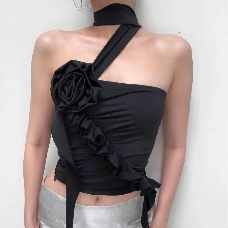 Gothic Aesthetic Off Crop Ruffles Backless Shoulder Flower Top