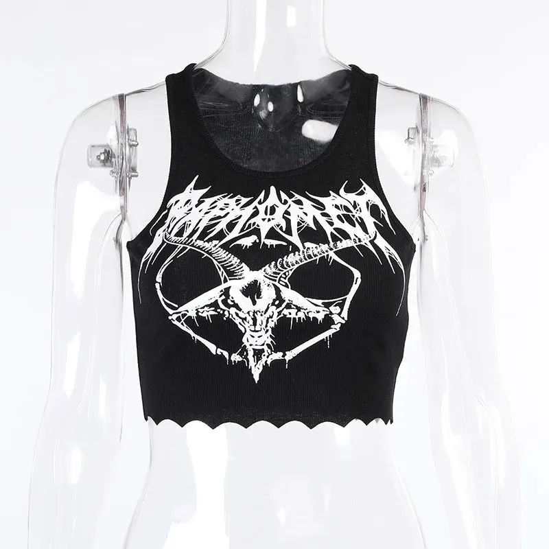 Gothic Crop Goat Black Knitted Punk Grunge Print Top