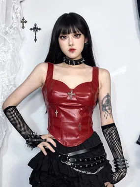 Gothic Grunge Cross Leather Corset Crop Top