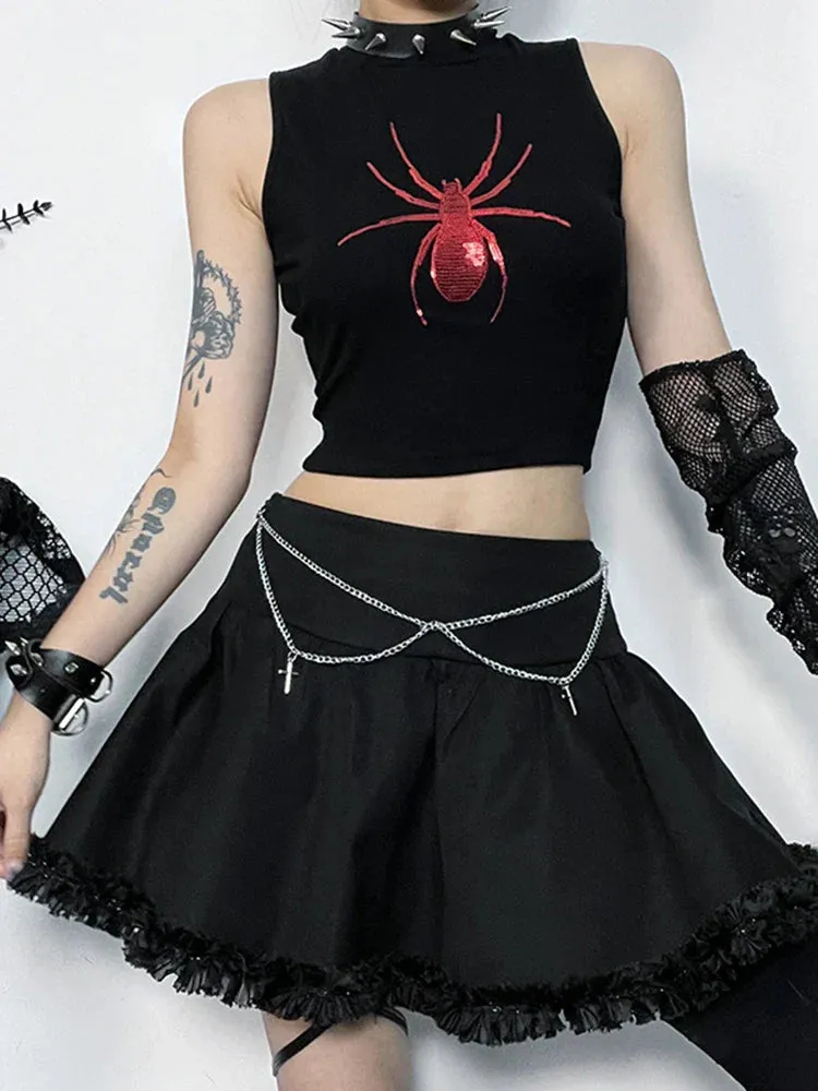 Gothic Sleeveless Print Punk Crop Alt Spider Graphic Top