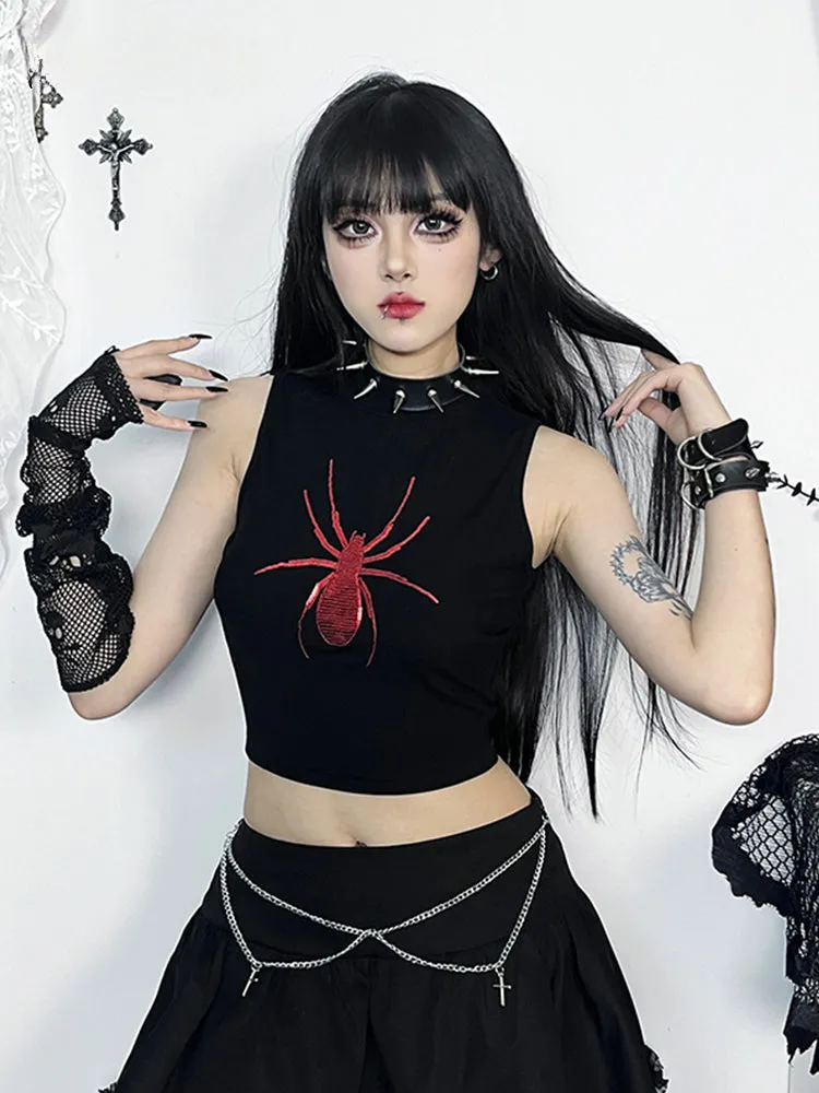 Gothic Sleeveless Print Punk Crop Alt Spider Graphic Top