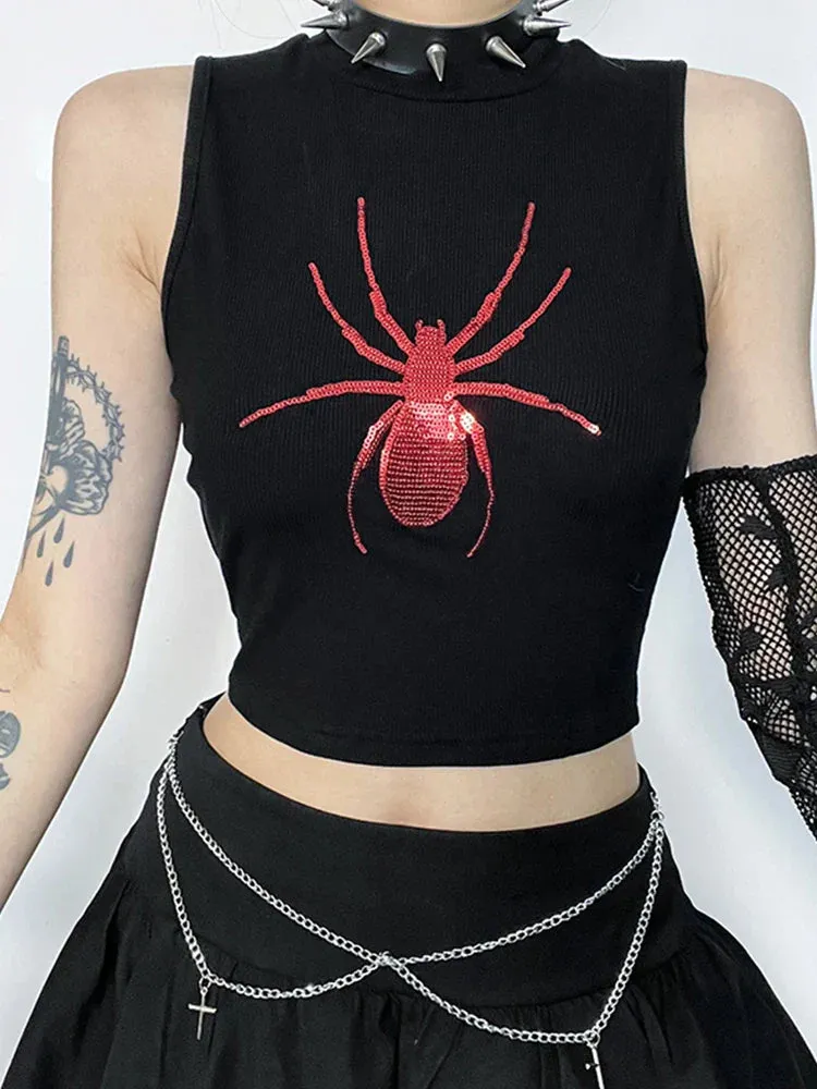 Gothic Sleeveless Print Punk Crop Alt Spider Graphic Top