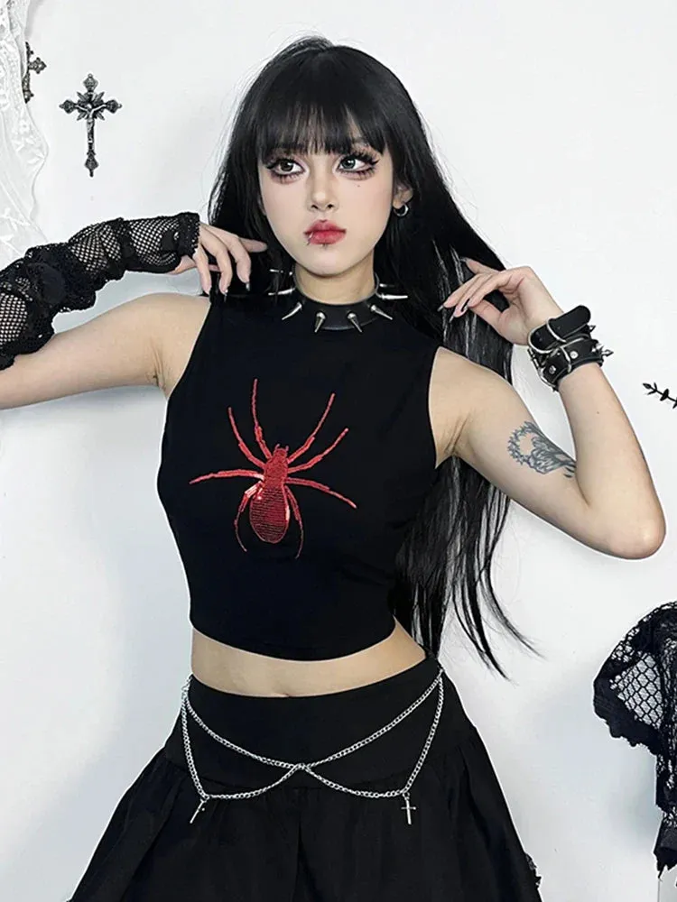 Gothic Sleeveless Print Punk Crop Alt Spider Graphic Top