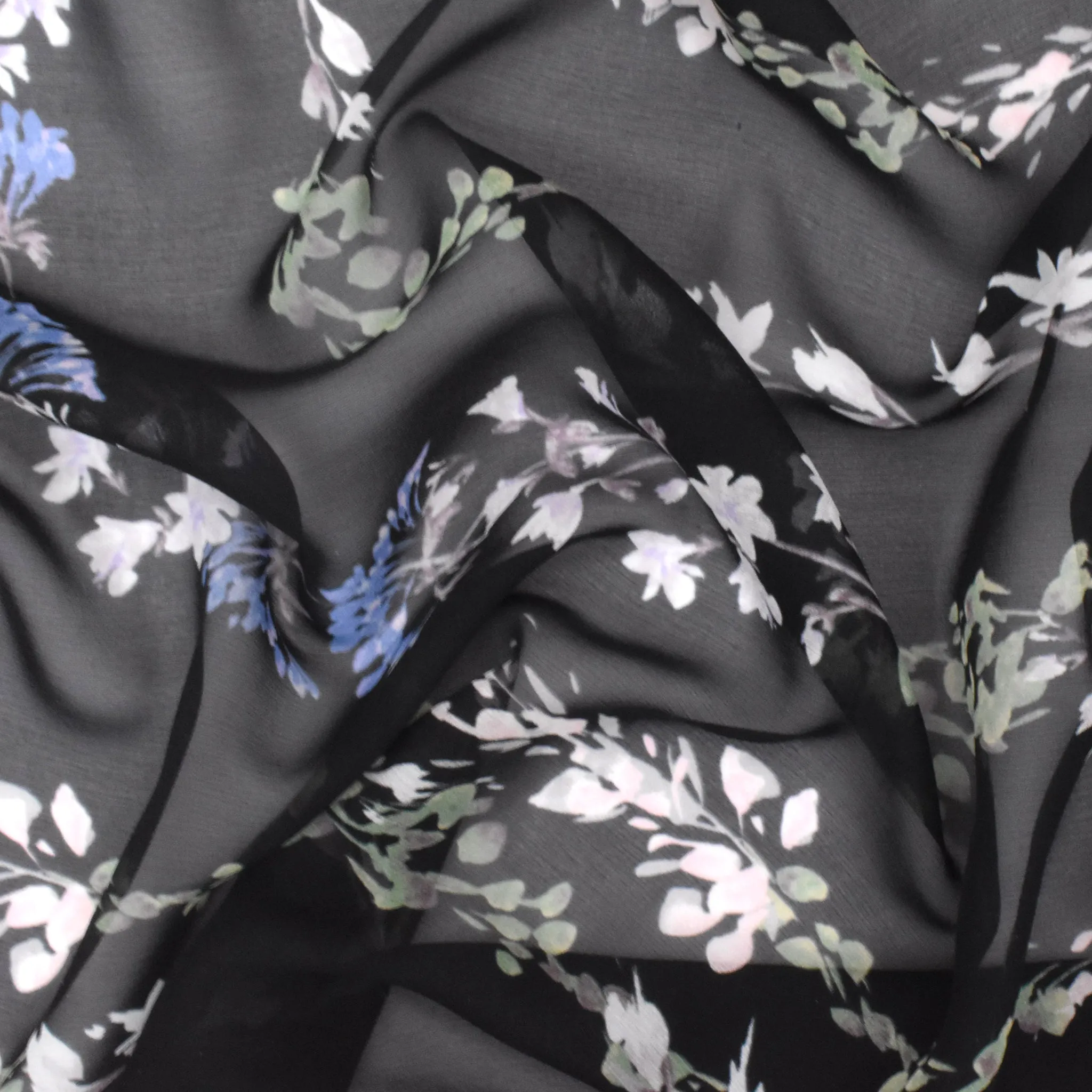 Green-Black-Multi Floral Border Panel Printed Silk Chiffon Fabric