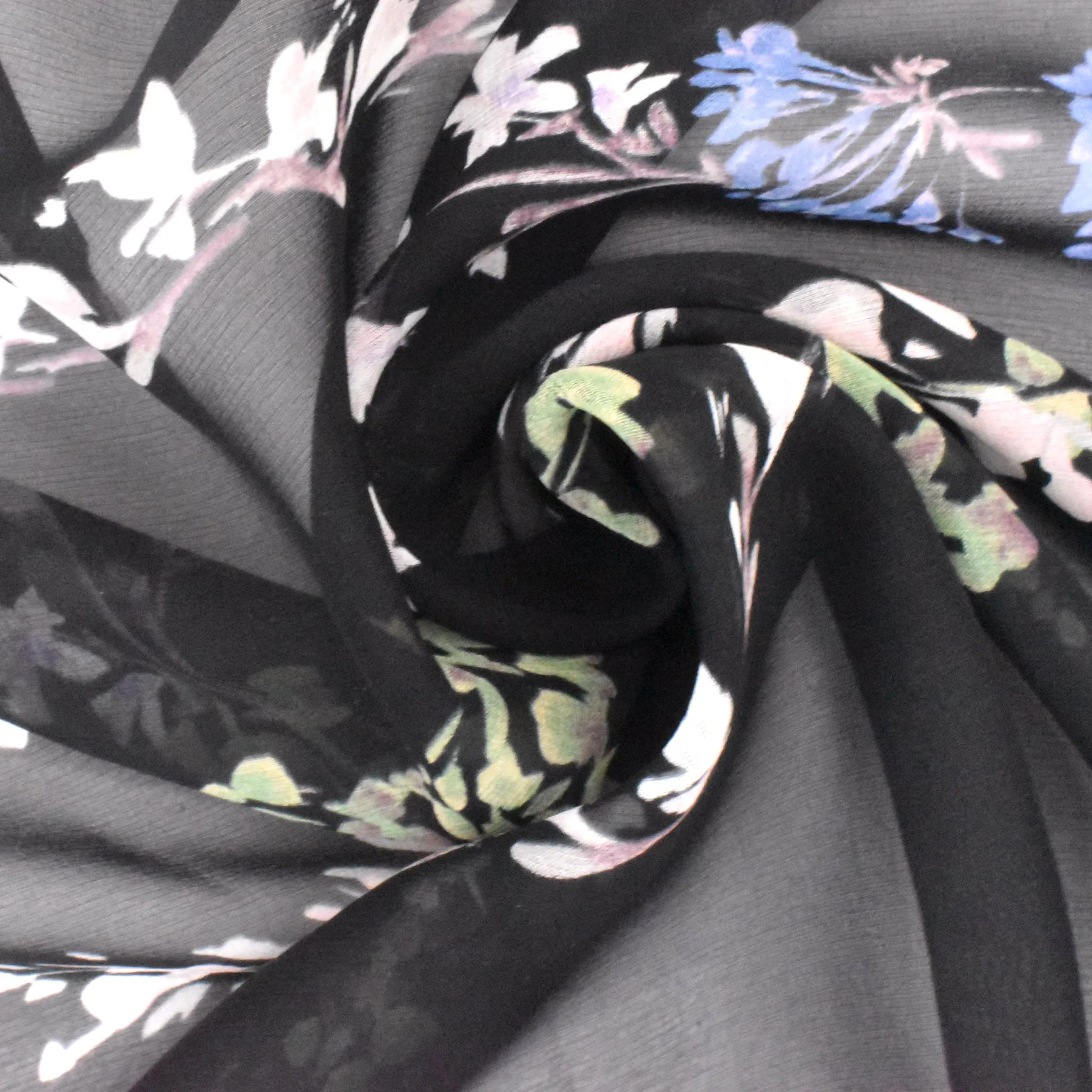 Green-Black-Multi Floral Border Panel Printed Silk Chiffon Fabric