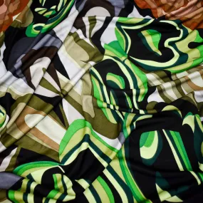 Green-Multi Abstract Retro Pattern Print Stretch Silk Jersey Knit Fabric