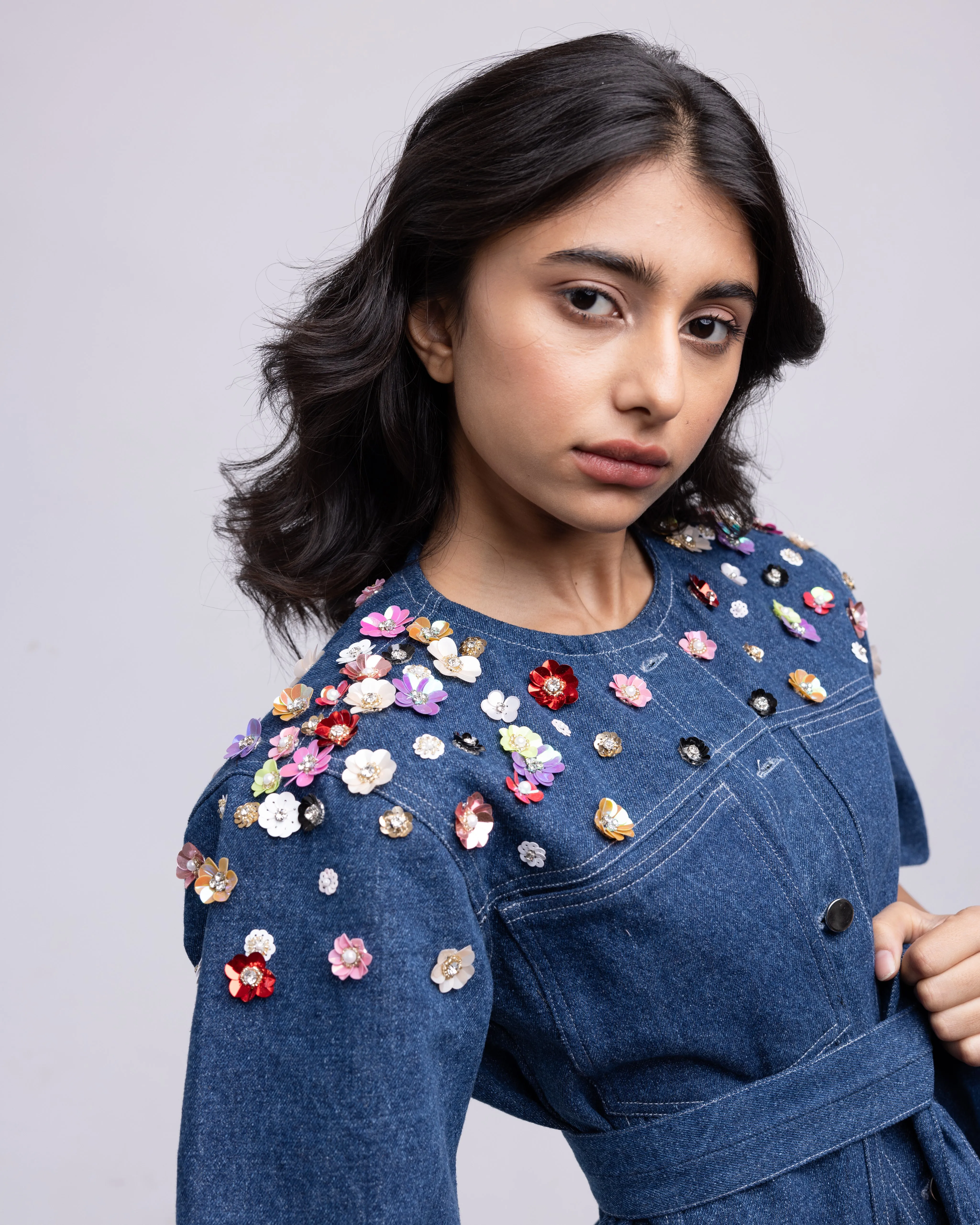 Half-sleeved denim multi-colour sequinned jacket