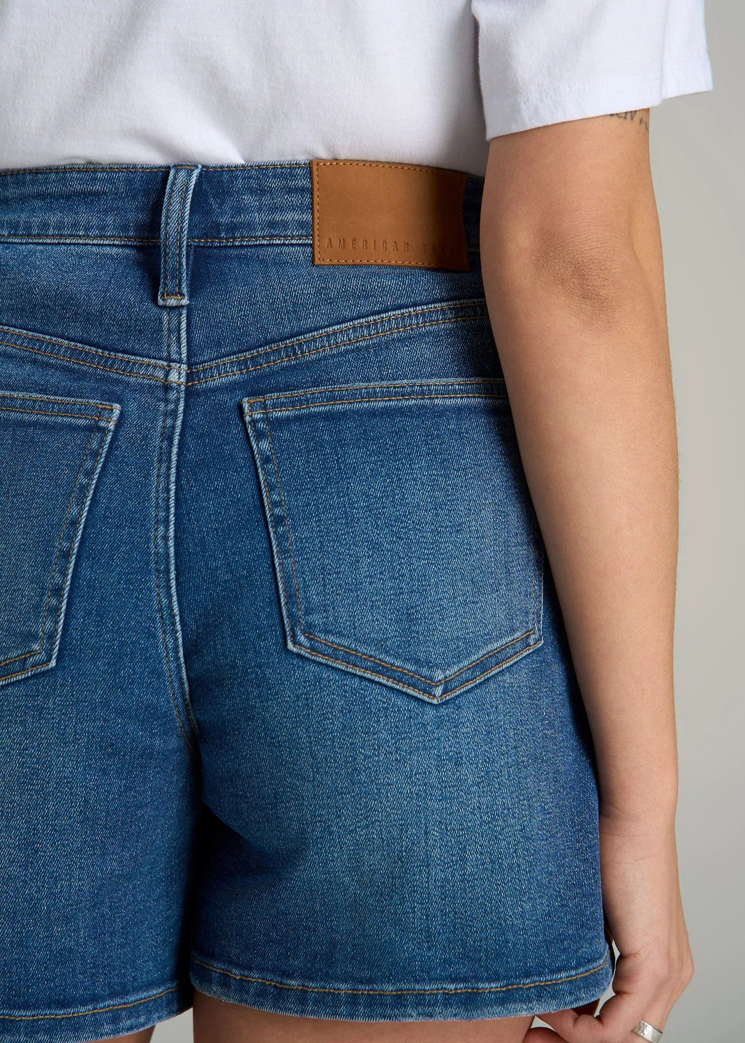 High Rise Denim Shorts for Tall Women in Classic Mid Blue