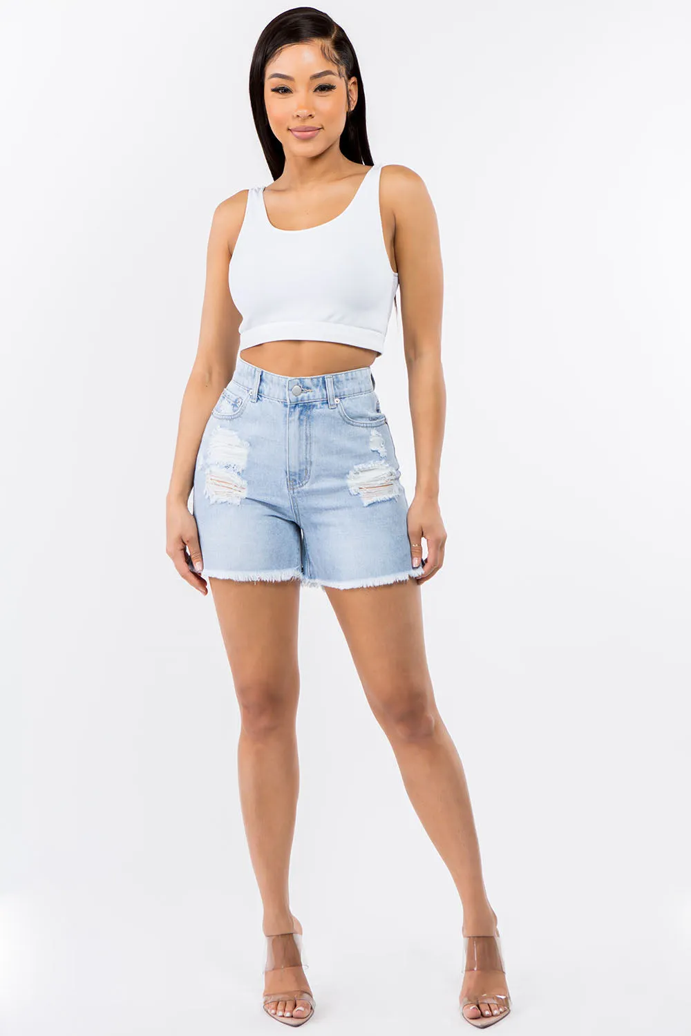 High Waist Distressed Raw Hem Denim Shorts