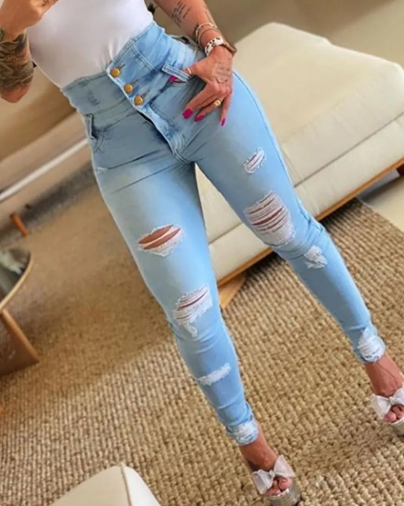 High-Waisted Broken Hole Jeans