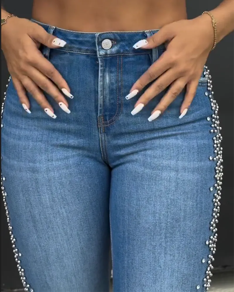 High-Waisted Ornament Straight-Leg Jeans