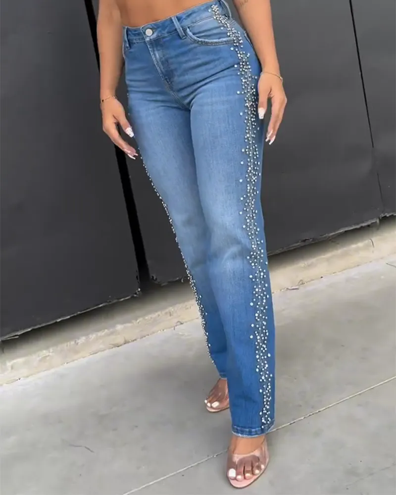 High-Waisted Ornament Straight-Leg Jeans