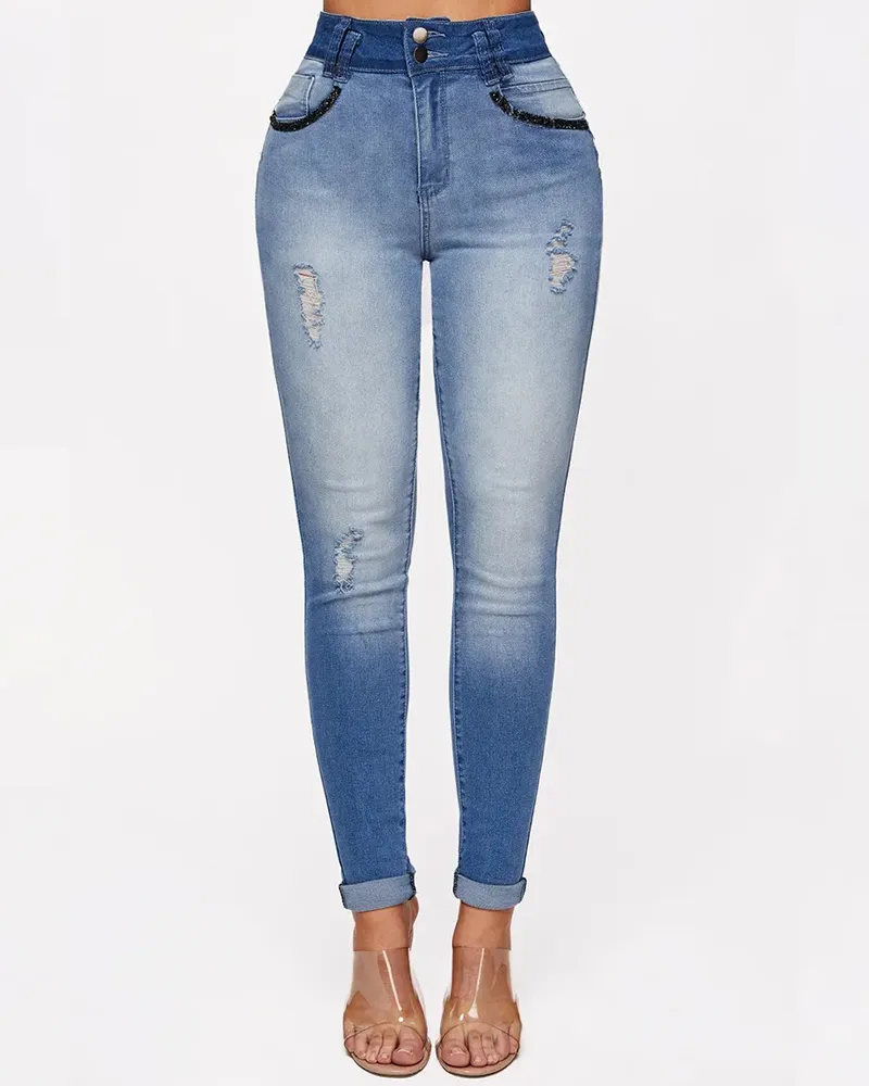 High-Waisted Slim Hip-Lifting Gradient Jeans