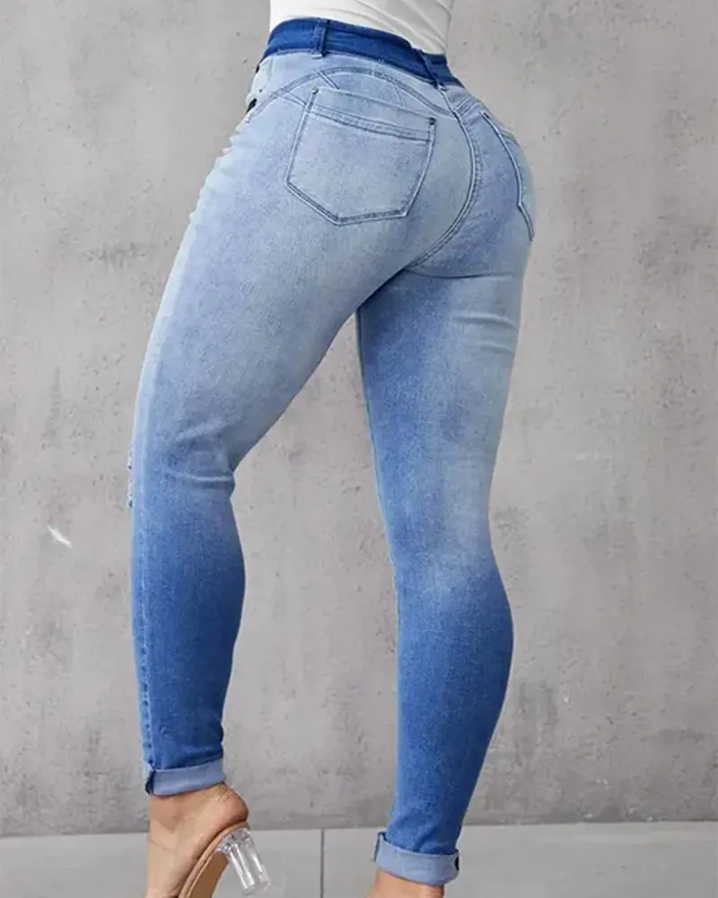 High-Waisted Slim Hip-Lifting Gradient Jeans