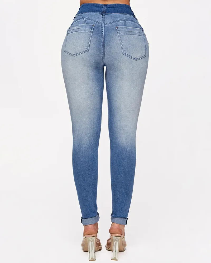 High-Waisted Slim Hip-Lifting Gradient Jeans