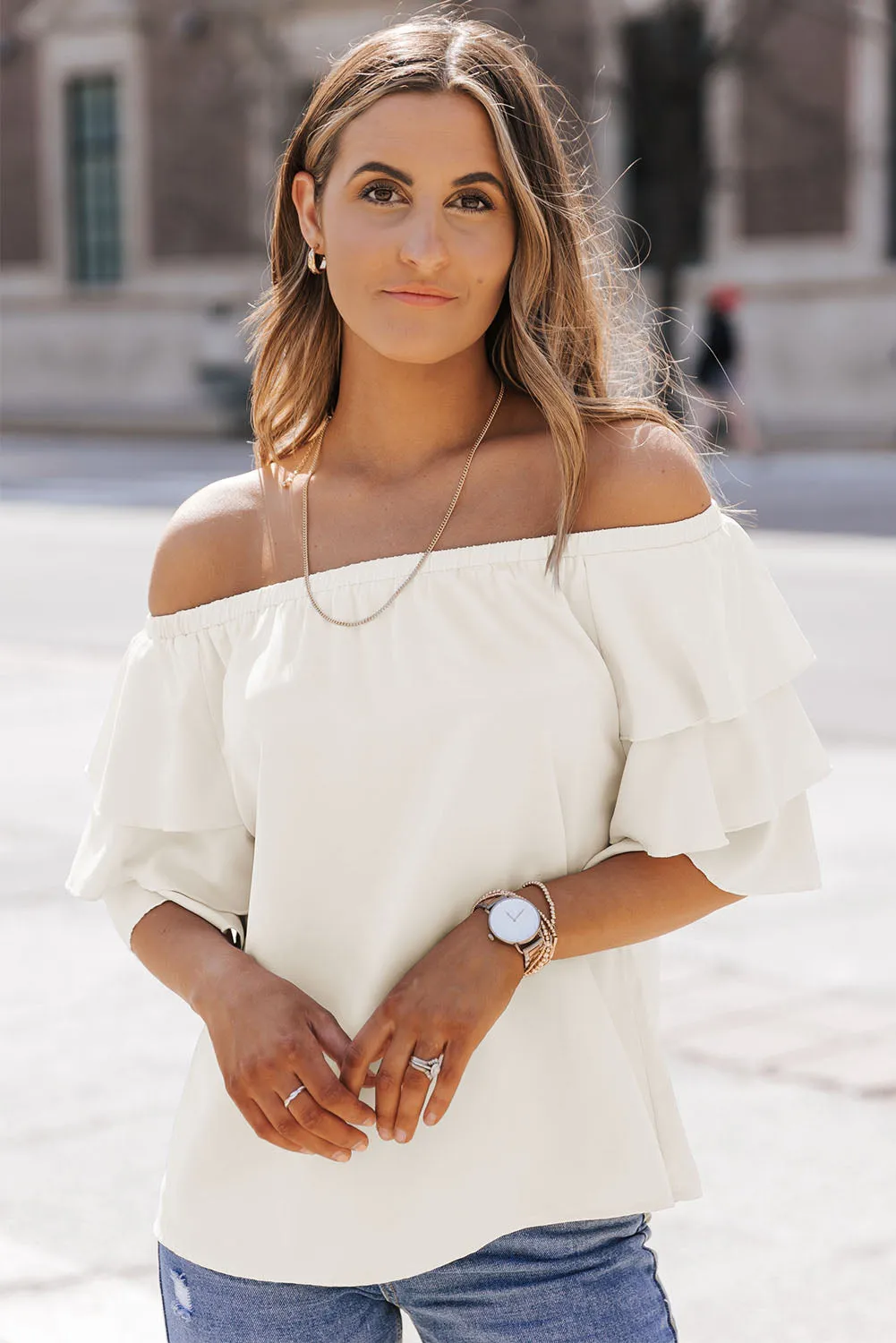 Laurie Off-the-Shoulder Layered Sleeve Blouse in Ivory