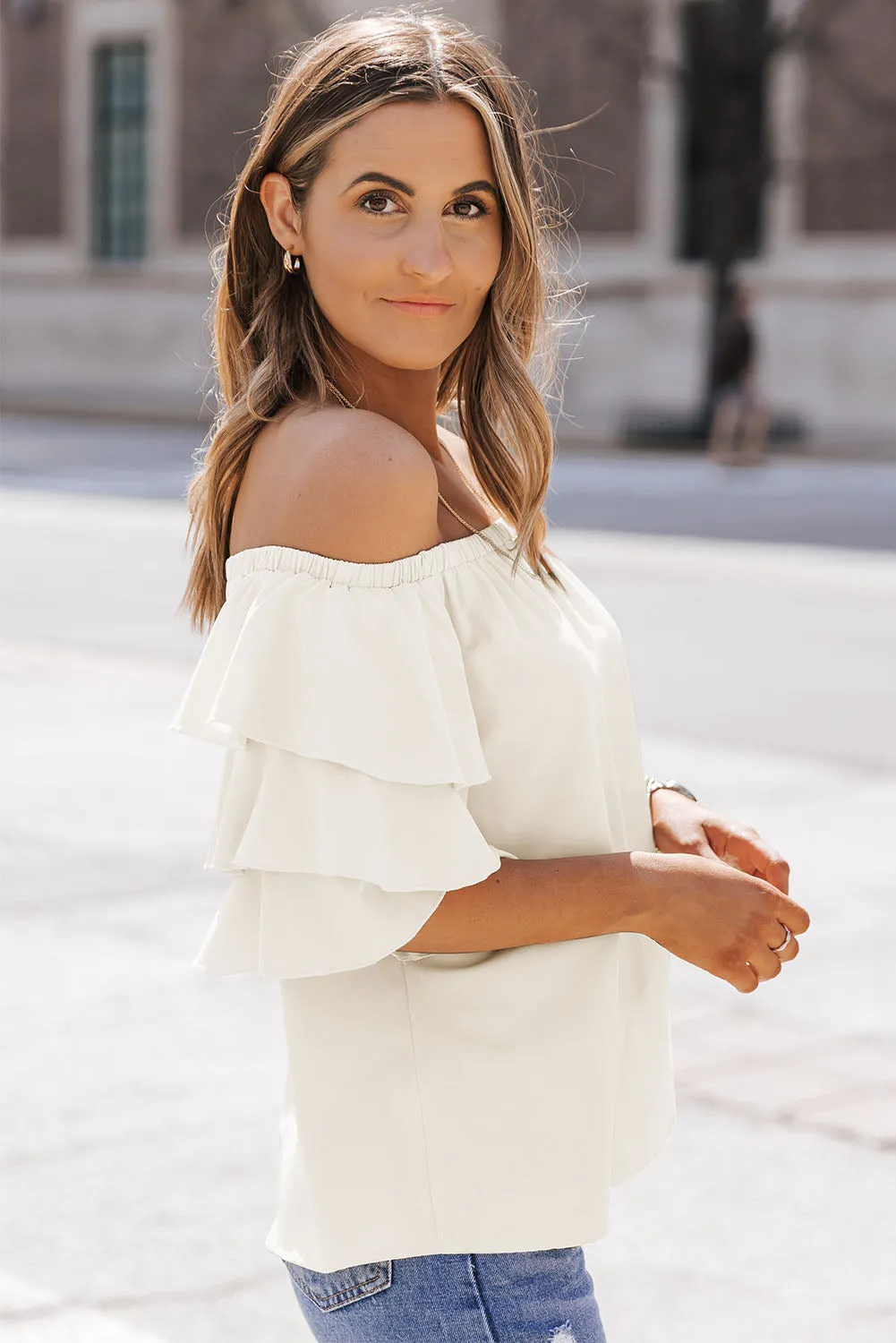 Laurie Off-the-Shoulder Layered Sleeve Blouse in Ivory