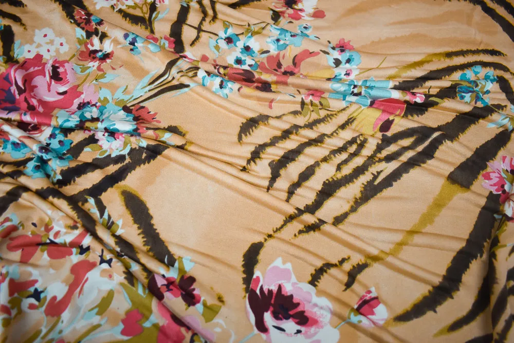 Light Peach-Brown-Multi Floral Tiger Printed Stretch Silk Jersey Knit Fabric