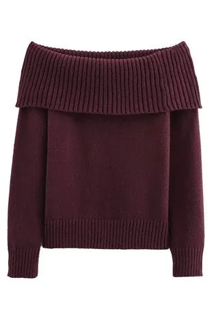 MAROON SOLID OFF SHOULDER SWEATER