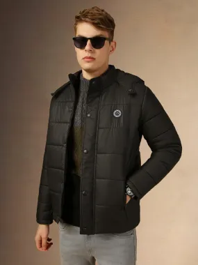 Men's Black Solid Hooded Full Sleeves Regular Fit Padded Jacket