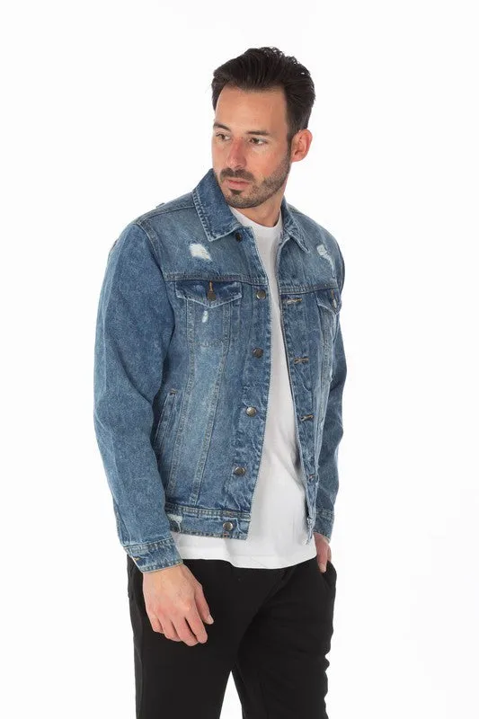 Men's Medium Blue Denim Jacket with Distressed