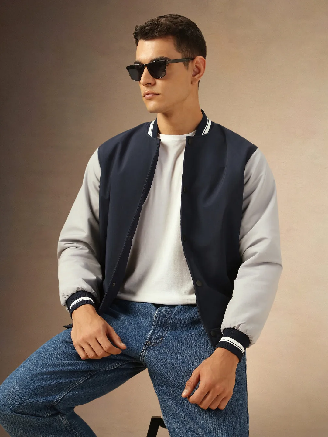 Men's Navy Blue Full Sleeves Rib Collar Bomber Jacket