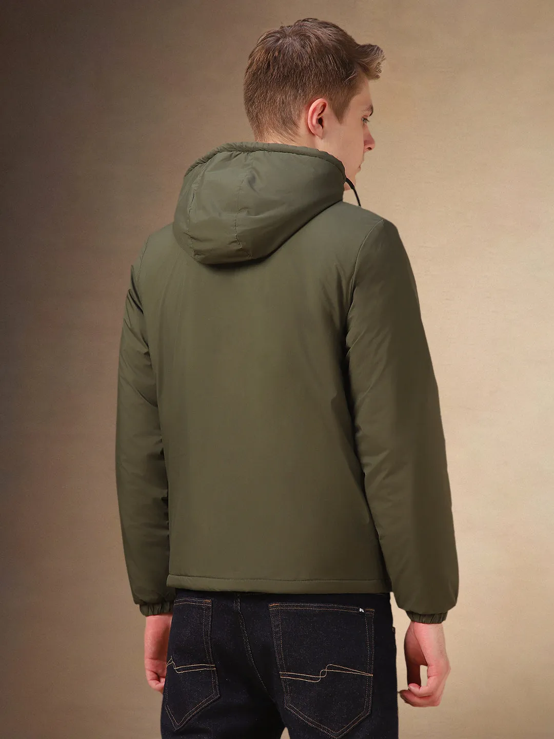 Men's Olive Solid Hooded Full Sleeves Jacket