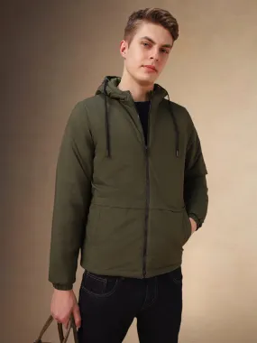 Men's Olive Solid Hooded Full Sleeves Jacket