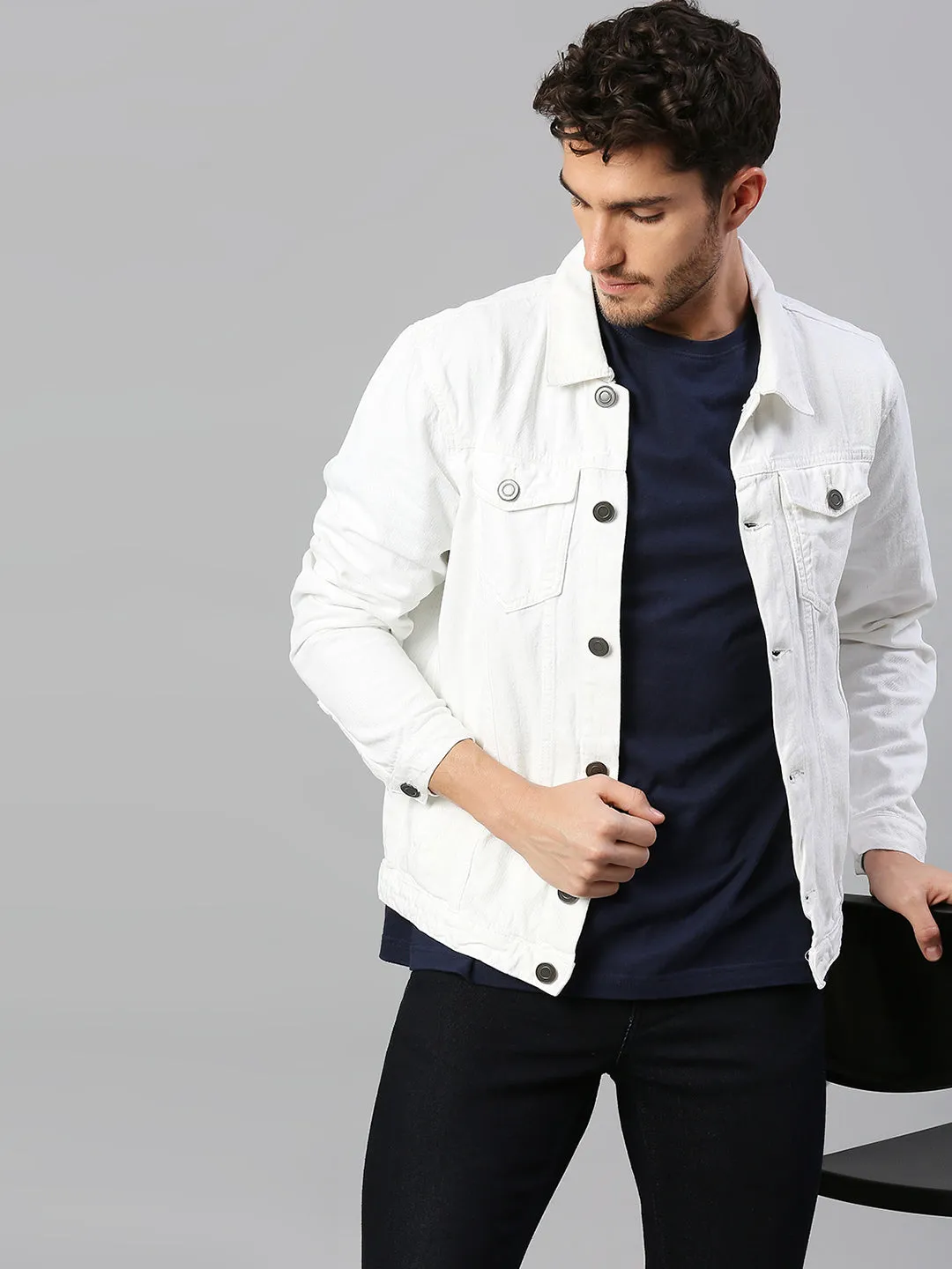 Men's Regular Fit Long Sleeve Button Down Denim Jacket (White)