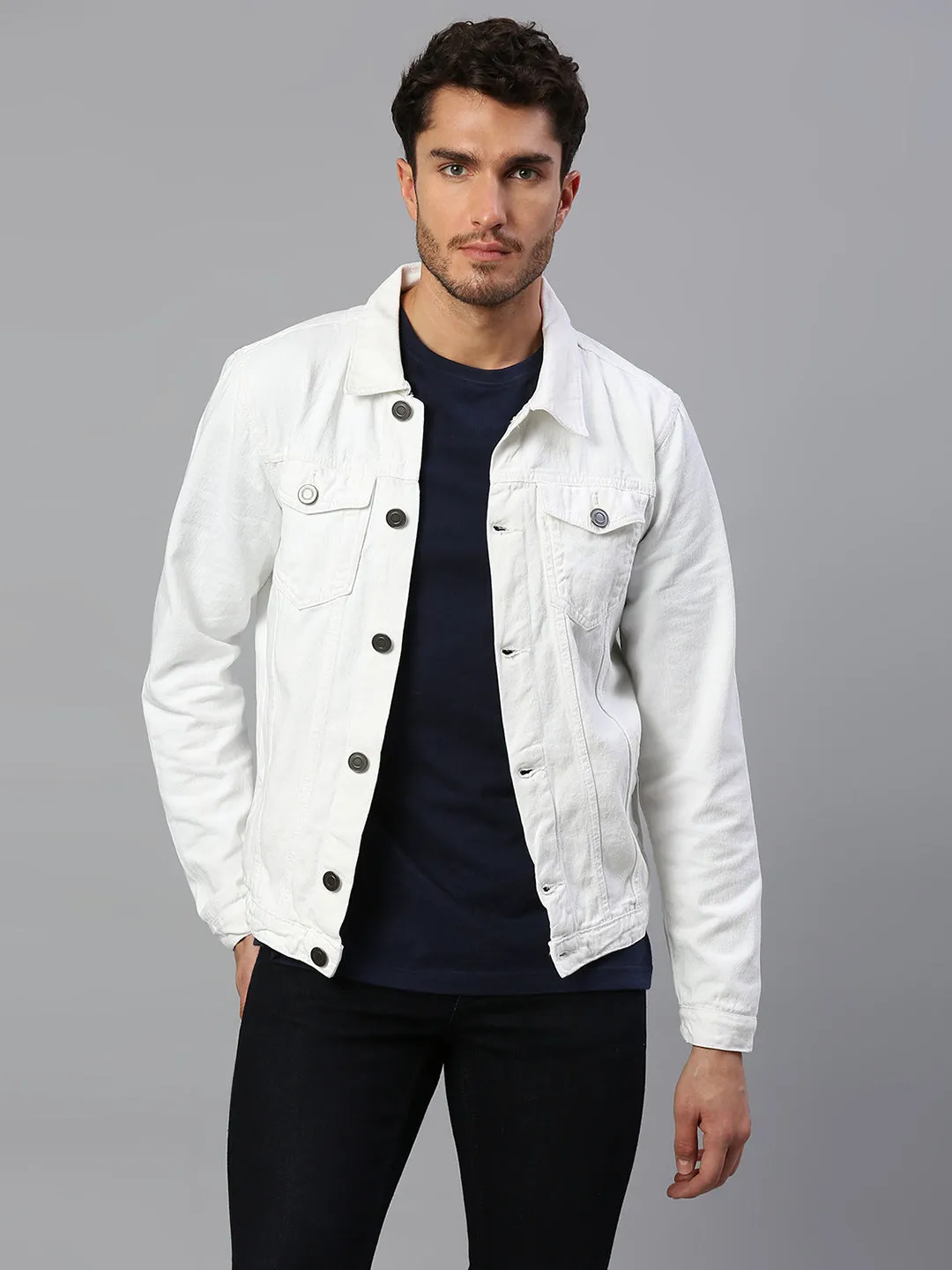 Men's Regular Fit Long Sleeve Button Down Denim Jacket (White)